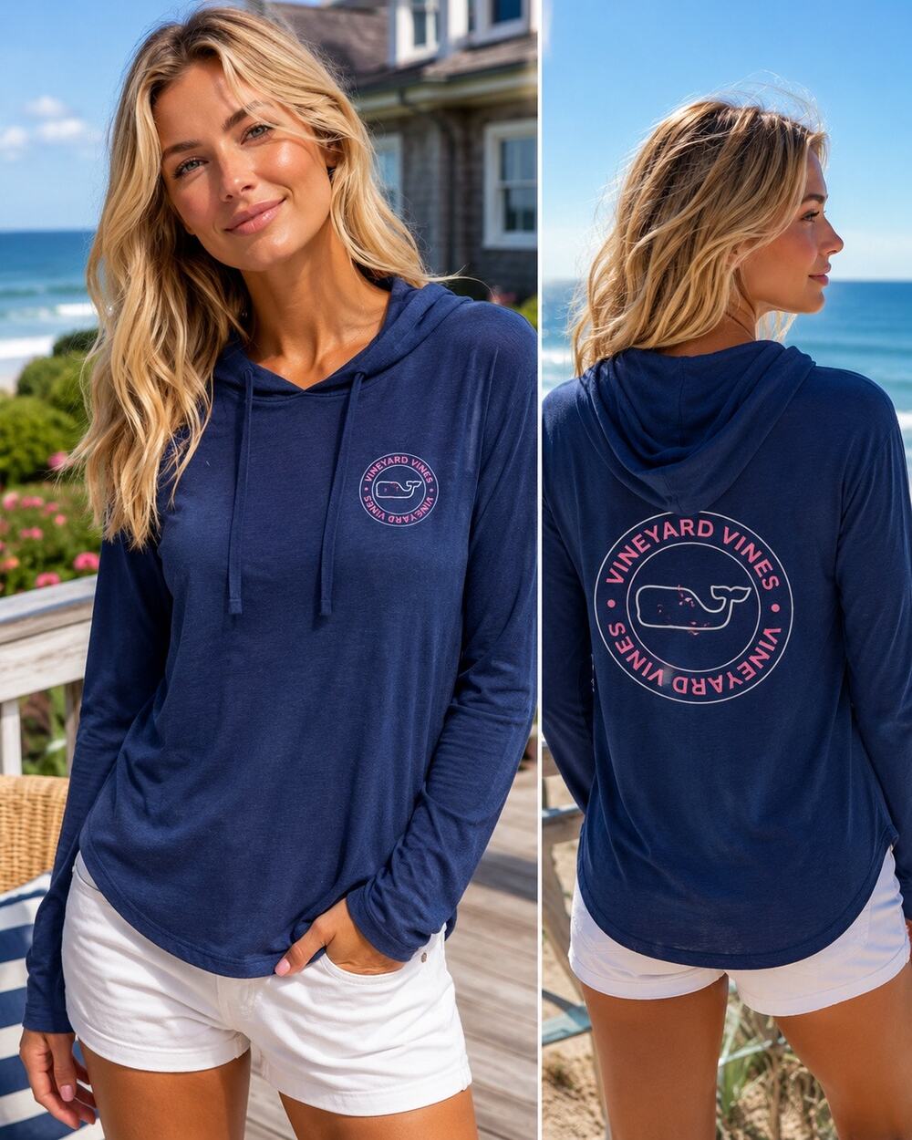 Vineyard Vines Navy Lightweight Hooded Tee Whale Back Graphic Preppy Coastal S